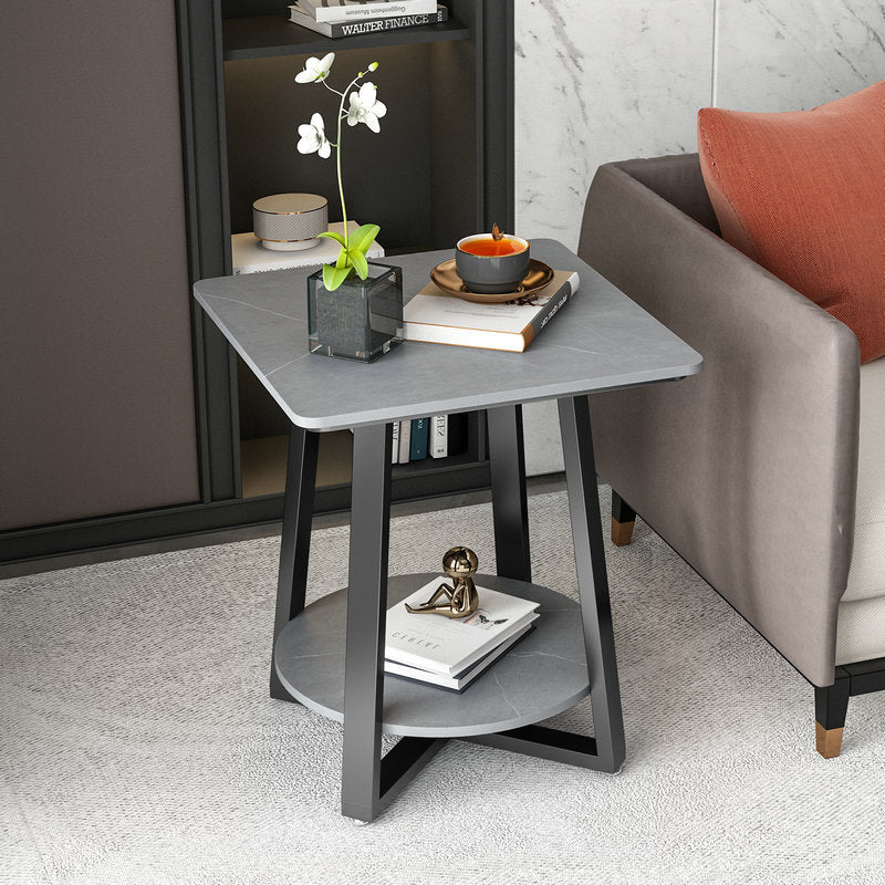 Modern Minimalist Square Round Rock Slab Iron Side Table 2-Tier For Living Room