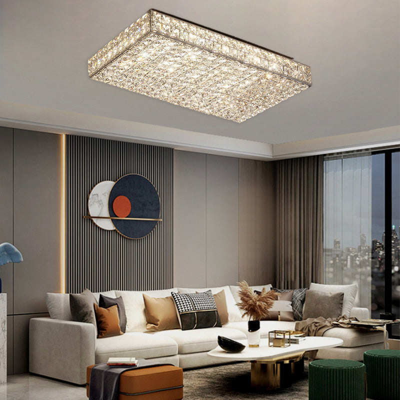 Modern Luxury Stainless Steel Crystal Round Square Rectangular LED Flush Mount Ceiling Light For Living Room