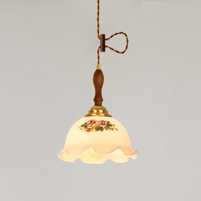 Traditional Vintange Brass Twine Walnut Glass Flower Curved 1-Light Pendant Light For Dining Room