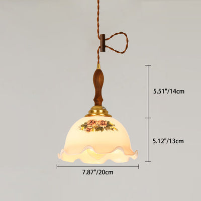 Traditional Vintange Brass Twine Walnut Glass Flower Curved 1-Light Pendant Light For Dining Room