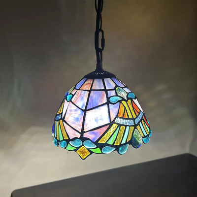 Traditional Tiffany Round Dome Petunia Baroque Zinc Stained Glass 1-Light Pendant Light For Living Room