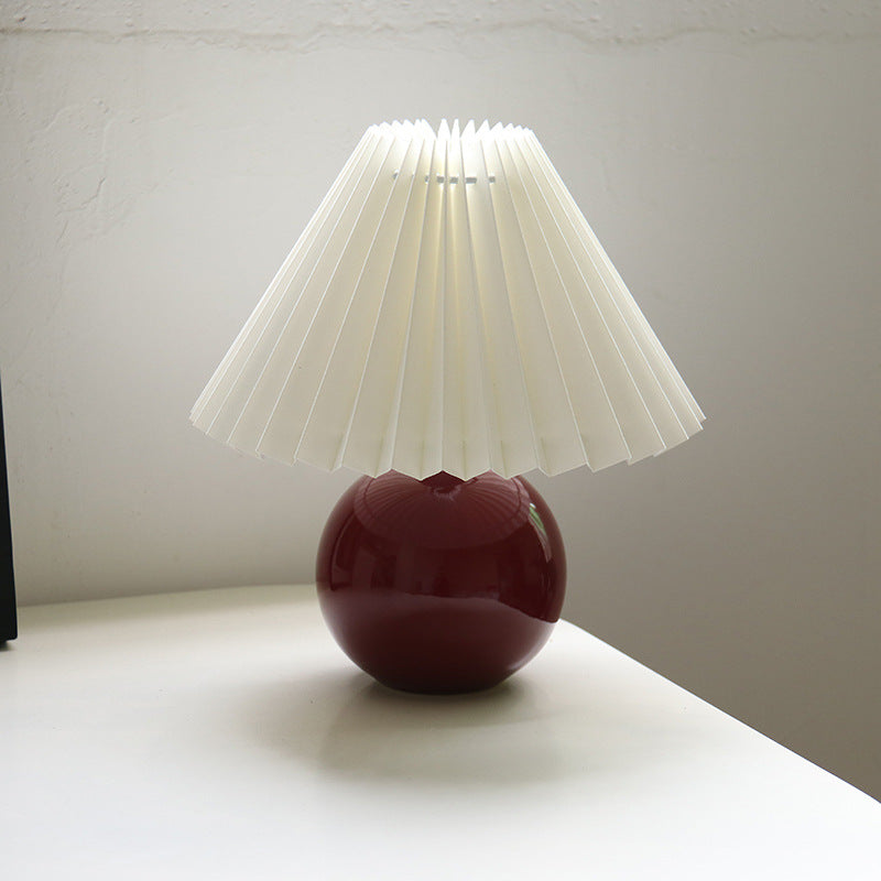 Contemporary Retro Pleated Fabric Round Ceramic Base 1-Light Table Lamp For Bedroom