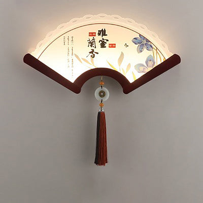 Traditional Chinese Scalloped Acrylic Plant Elements Shade Wooden Edge LED Wall Sconce Lamp For Living Room