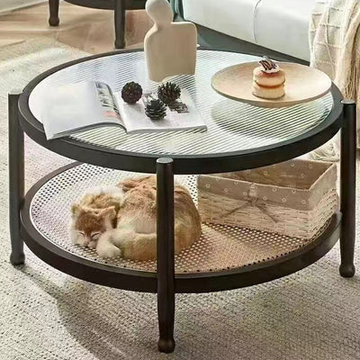 Modern Minimalist Round Solid Wood Glass Rattan Coffee Table 2-Tier For Living Room