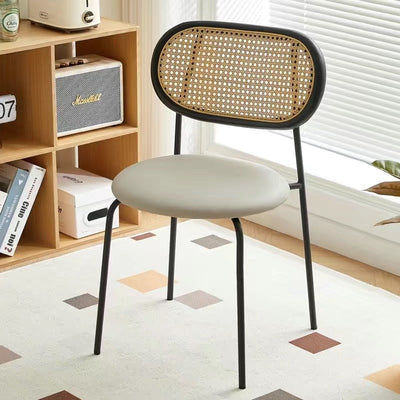 Contemporary Nordic Round Leather Wood Rattan Chair Backrest For Living Room