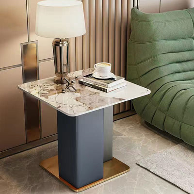 Contemporary Scandinavian Square Column Slate Leather Wood Carbon Steel End Table For Living Room