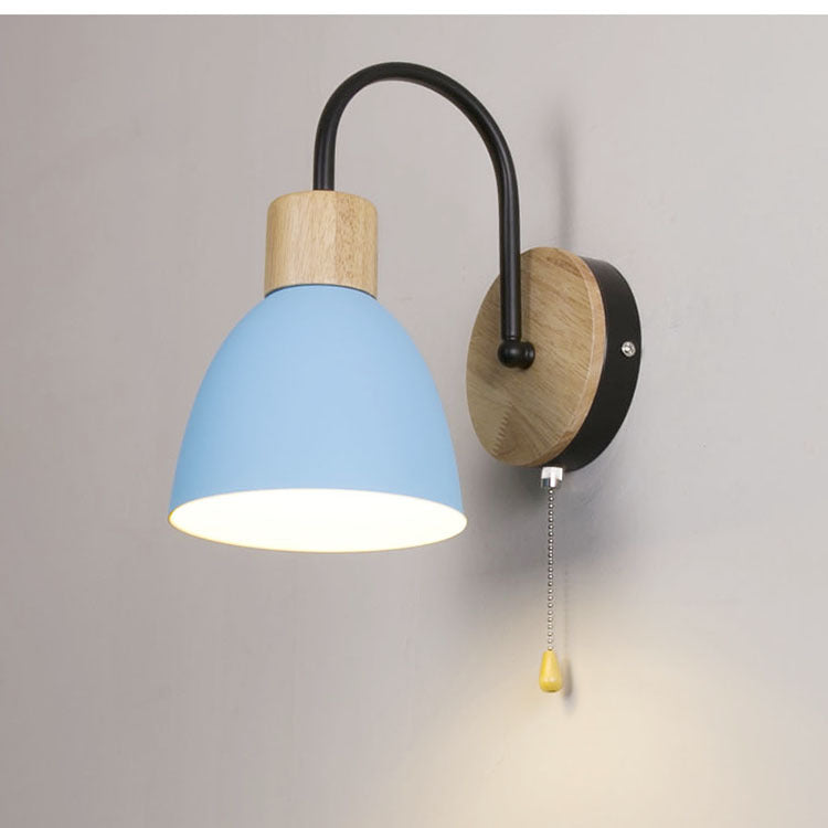 Modern Minimalist Macaron Curved Pole Round Cup Iron Wood 1-Light Wall Sconce Lamp For Bedroom