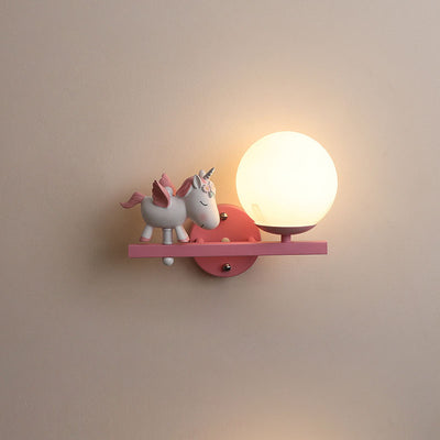 Contemporary Creative Kids Girls Unicorn Orb Resin Iron Glass 1-Light Wall Sconce Lamp For Bedroom