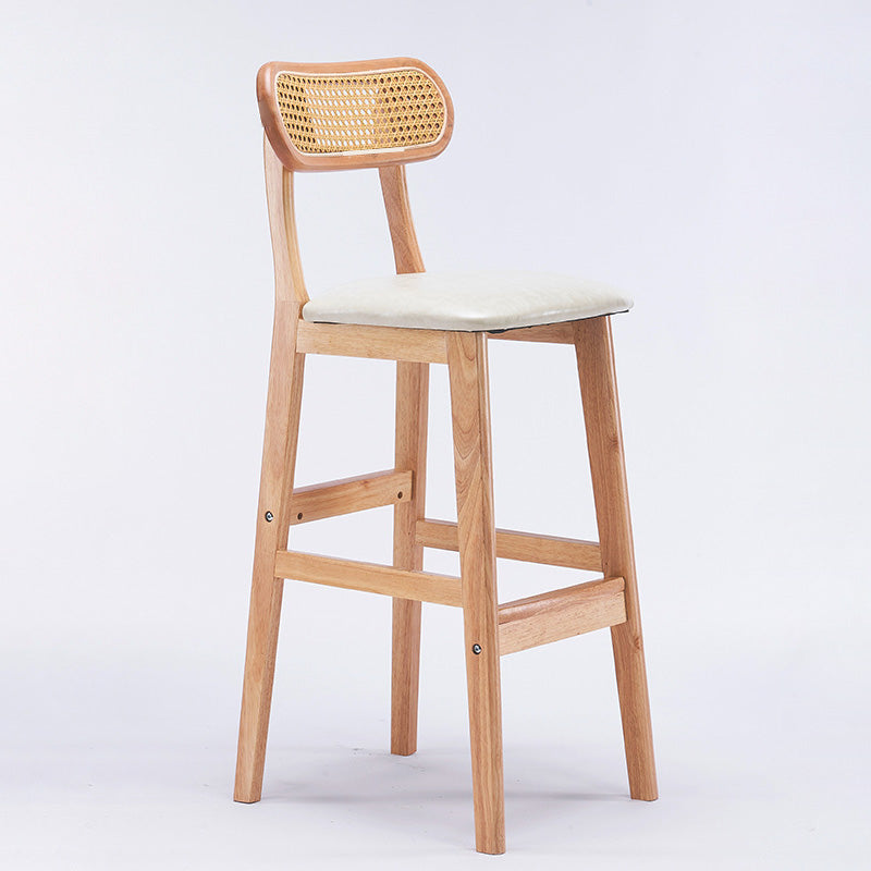 Modern Minimalist PU Leather Rattan Upholstered Rubberwood Counter Stool Open Back Footrest For Kitchen