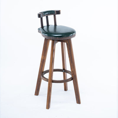 Contemporary Retro Round Leather Wood Legs Swivel Bar Stool Low Back Footrest For Dining Room