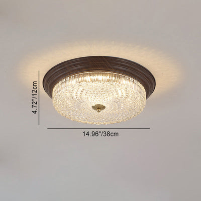 Traditional Vintage Round Crystal Glass Iron Water Turned Wood Grain LED Flush Mount Ceiling Light For Living Room