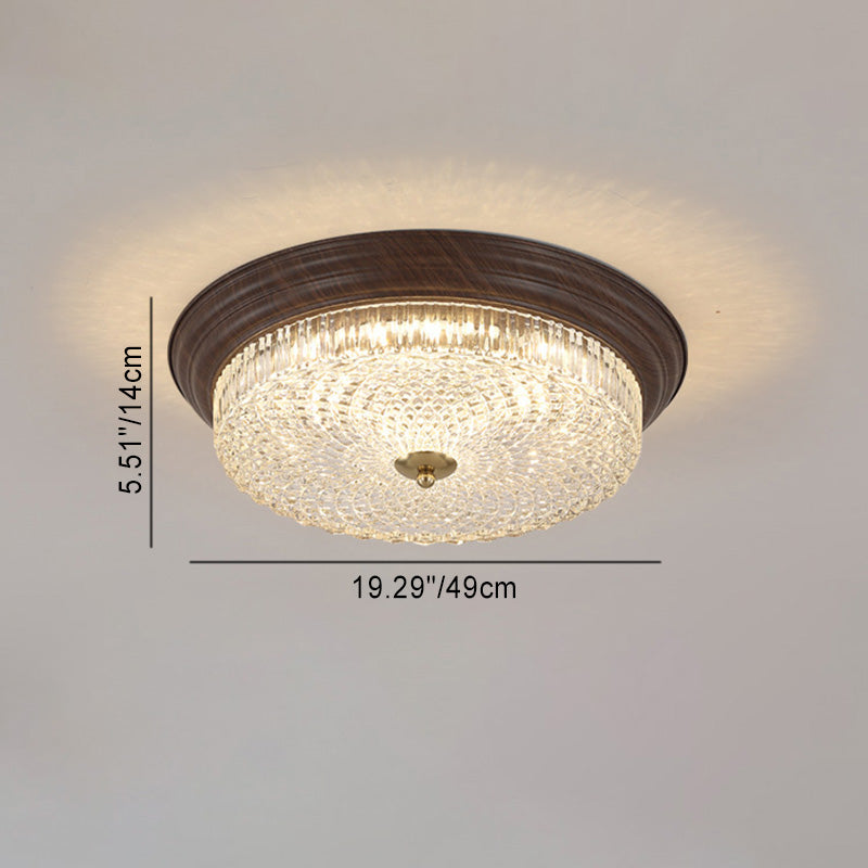 Traditional Vintage Round Crystal Glass Iron Water Turned Wood Grain LED Flush Mount Ceiling Light For Living Room