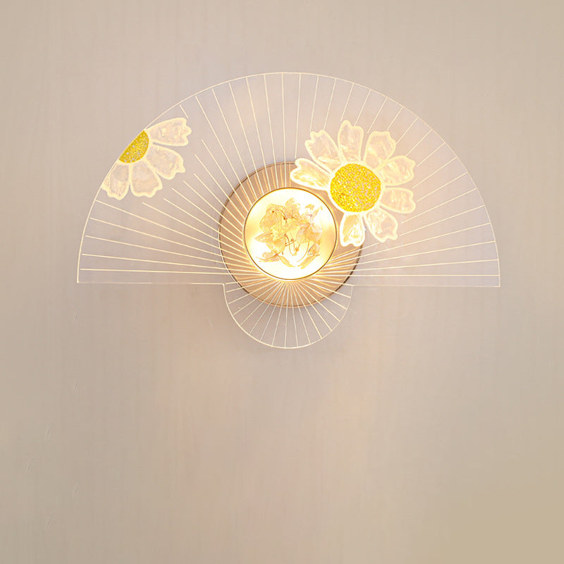 Contemporary Creative Fan-Shaped Acrylic Sunflower Dragonfly Decor LED Wall Sconce Lamp For Living Room