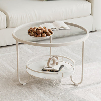 Modern Simplicity Round Striped Glass Slab Metal Coffee Table 2-Tier For Living Room