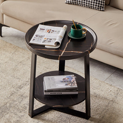 Contemporary Scandinavian Round Wood Iron End Table 2-Tier For Living Room