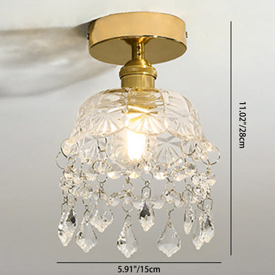 Modern Minimalist Round Floral Full Copper Crystal Glass 1-Light Semi-Flush Mount Ceiling Light For Living Room