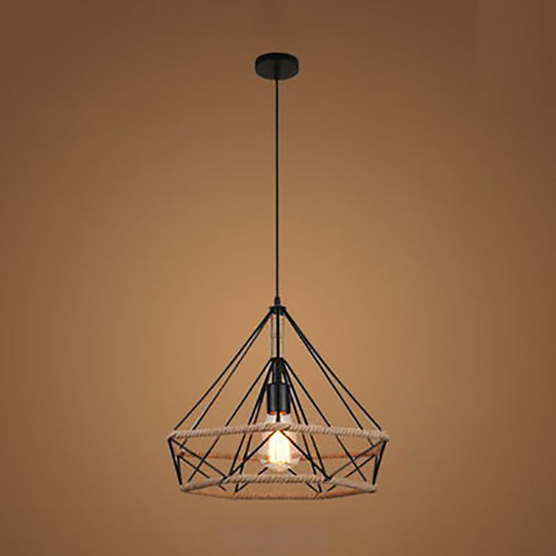 Contemporary Retro Iron Hemp Rope Simulated Greenery Diamond Sakura Leaf 1-Light Pendant Light For Dining Room