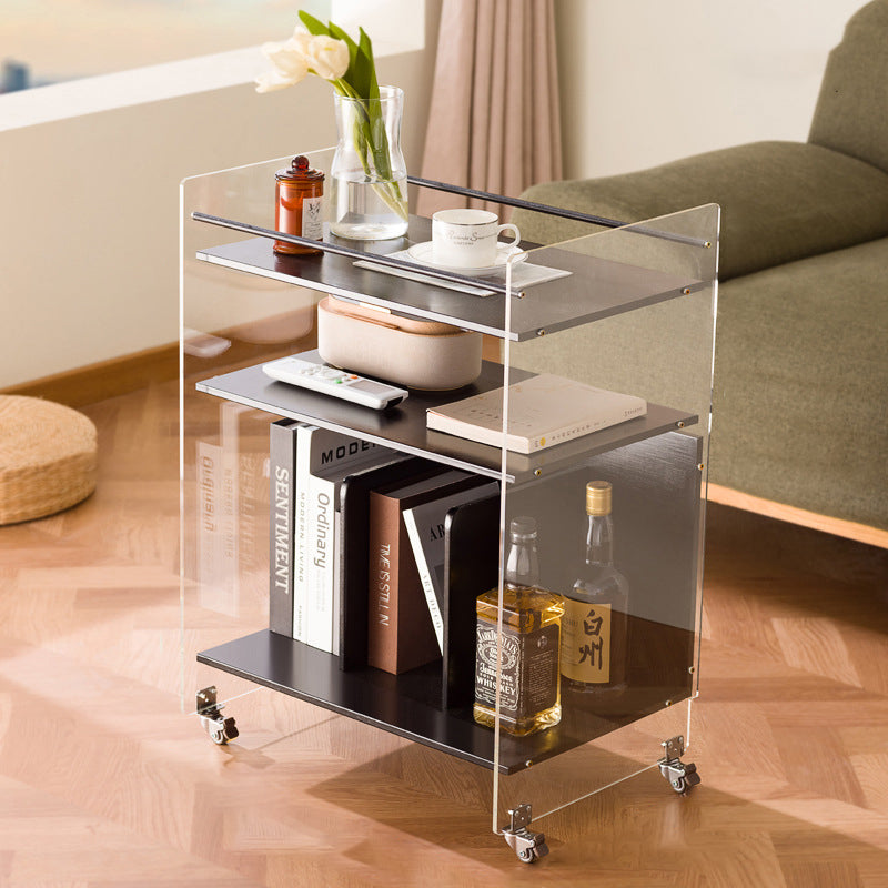 Modern Simplicity Rectangular Wood Acrylic Movable Side Table 3-Tier Storage Shelves For Living Room