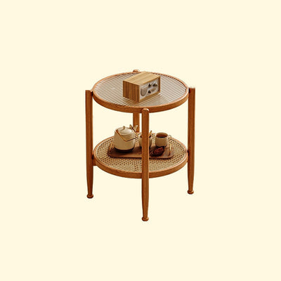 Traditional Japanese Round Glass Rattan Solid Wood End Table 2-Tier For Living Room