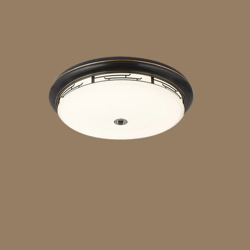 Traditional Chinese Iron Circular Glass Shade LED Flush Mount Ceiling Light For Hallway