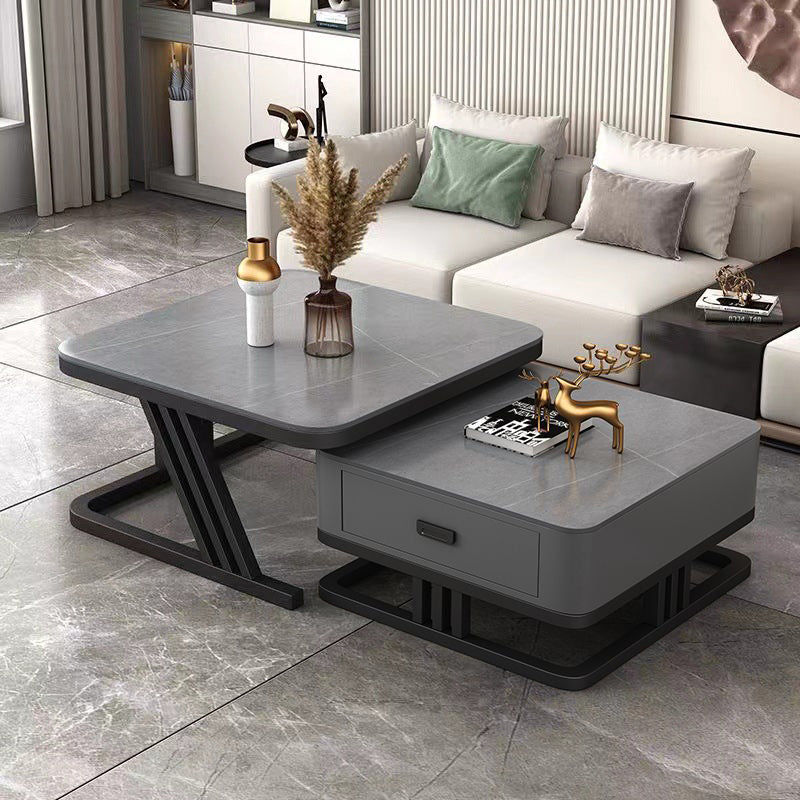 Modern Luxury Board Top Iron Frame Square Nesting Coffee Table Drawer For Living Room