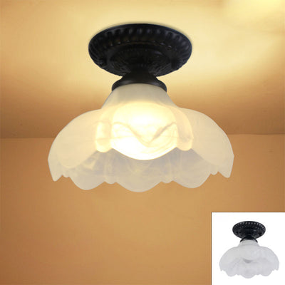 Contemporary Retro Floral Bell Round Iron Glass 1-Light Semi-Flush Mount Ceiling Light For Hallway