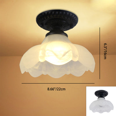 Contemporary Retro Floral Bell Round Iron Glass 1-Light Semi-Flush Mount Ceiling Light For Hallway