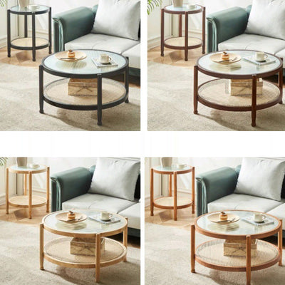 Modern Minimalist Round Horizontal Strip Glass Rattan Wooden Coffee Table 2-Tier For Living Room