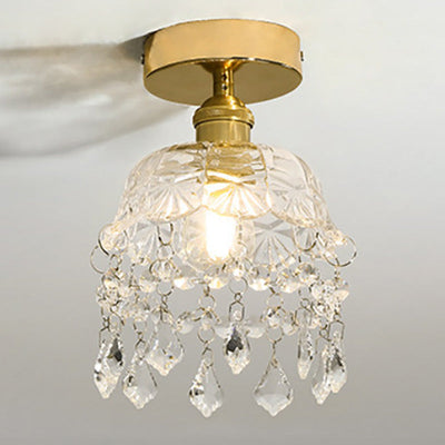 Modern Minimalist Round Floral Full Copper Crystal Glass 1-Light Semi-Flush Mount Ceiling Light For Living Room