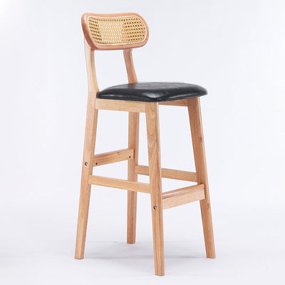 Modern Minimalist PU Leather Rattan Upholstered Rubberwood Counter Stool Open Back Footrest For Kitchen