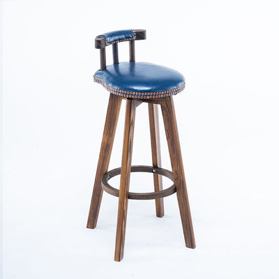 Contemporary Retro Round Leather Wood Legs Swivel Bar Stool Low Back Footrest For Dining Room