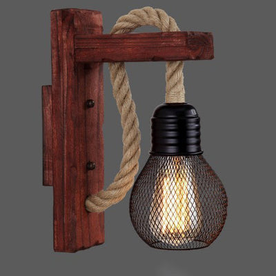 Contemporary Industrial Wood Hemp Rope Iron Glass Cubic Pendant 1-Light Wall Sconce Lamp For Hallway