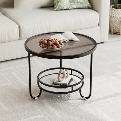 Modern Simplicity Round Striped Glass Slab Metal Coffee Table 2-Tier For Living Room