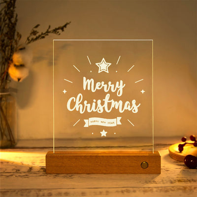 Modern Christmas Rectangular Acrylic Plate Solid Wood USB LED Table Lamp