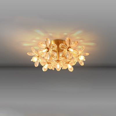 Modern Minimalist Flower Brass Crystal 3/5/6/7 Light Flush Mount Ceiling Light For Living Room