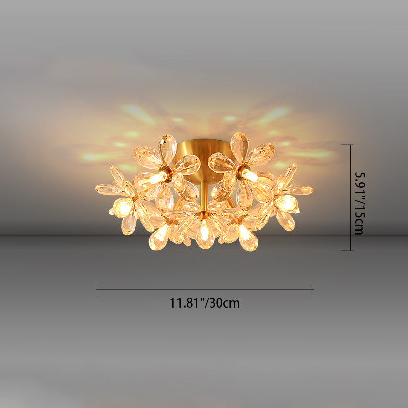 Modern Minimalist Flower Brass Crystal 3/5/6/7 Light Flush Mount Ceiling Light For Living Room