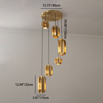 Traditional Chinese Copper Glass Cylinder Elliptical Hollow 1/3/6 Light Chandelier For Entryway