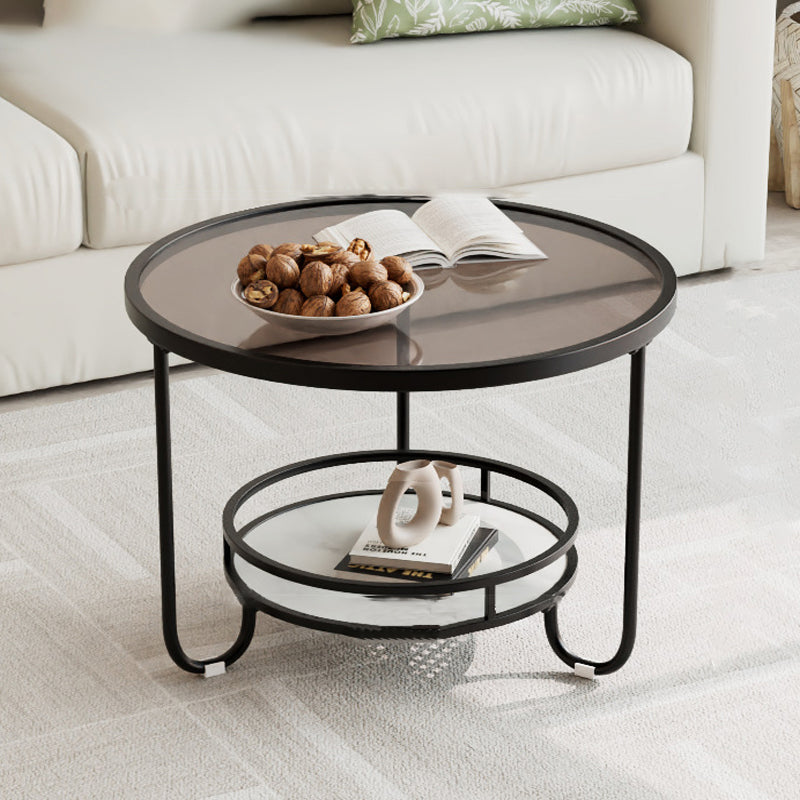 Modern Simplicity Round Striped Glass Slab Metal Coffee Table 2-Tier For Living Room