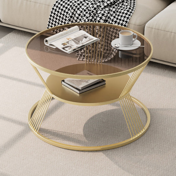 Modern Minimalist Round Hourglass Shape Glass Iron Coffee Table 2-Tier For Living Room