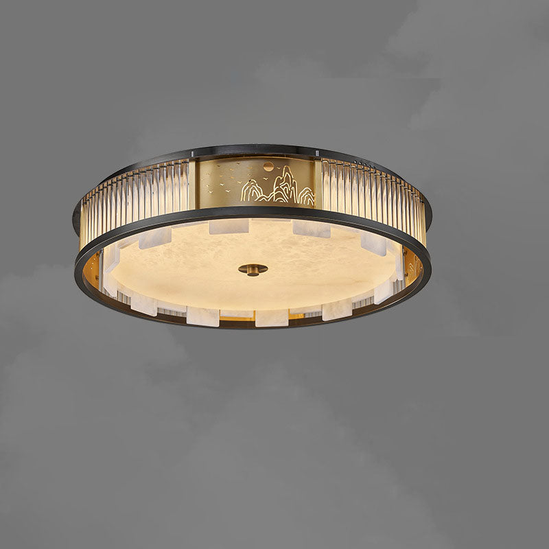 Traditional Chinese Luxury Marble Brass Round LED Flush Mount Ceiling Light For Living Room