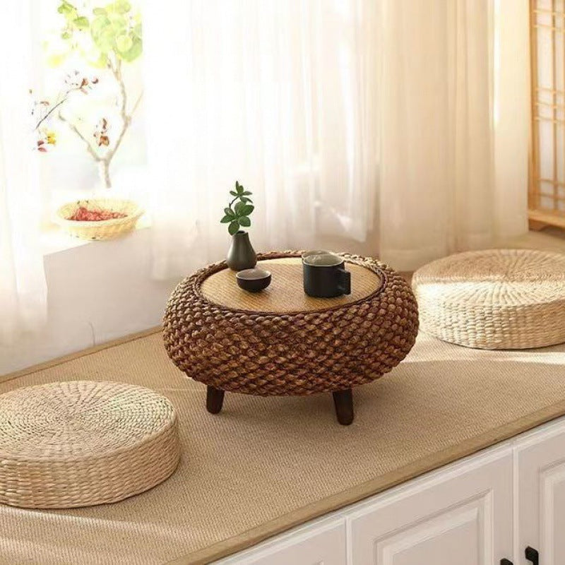 Traditional Japanese Oval Rattan Woven Wooden Coffee Table Storage For Living Room