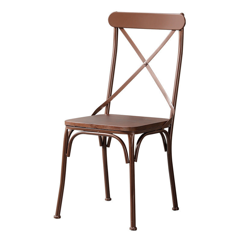 Contemporary Industrial Leather Wood Iron Square X Shape Back Dining Chair & Table Set For Dining Room