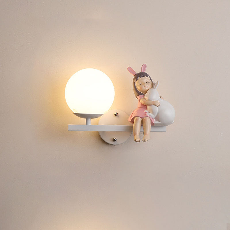 Contemporary Creative Kids Girls Unicorn Orb Resin Iron Glass 1-Light Wall Sconce Lamp For Bedroom