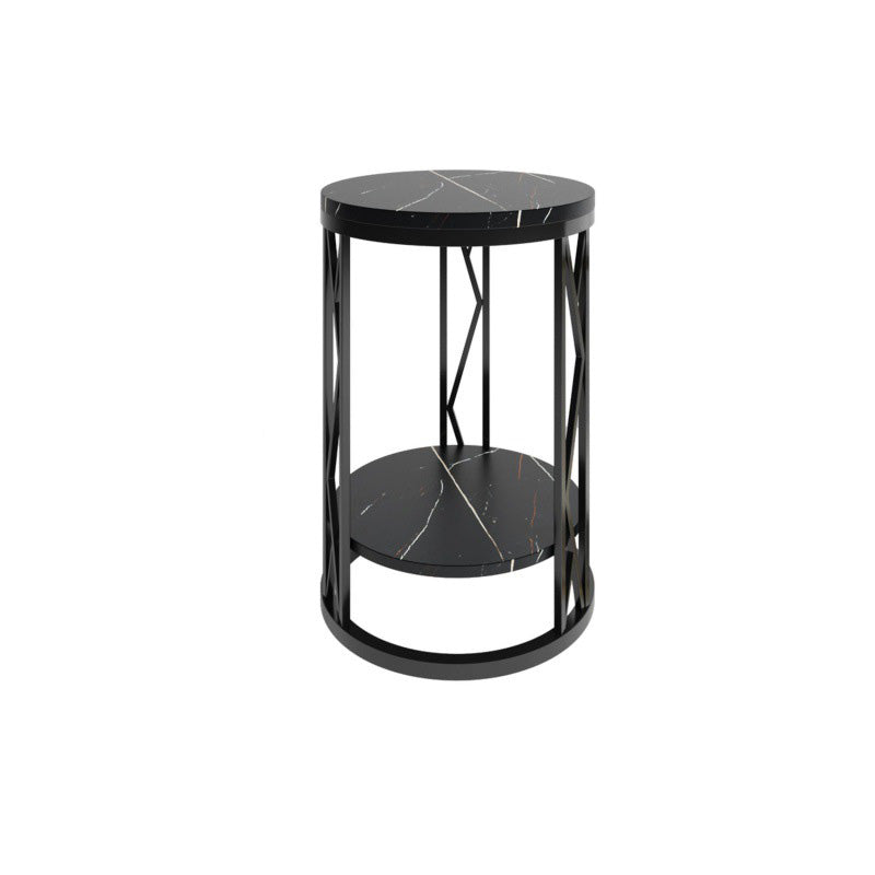 Modern Luxury Round Tabletop Iron Rock Slab Coffee Table 1-Shelf For Living Room