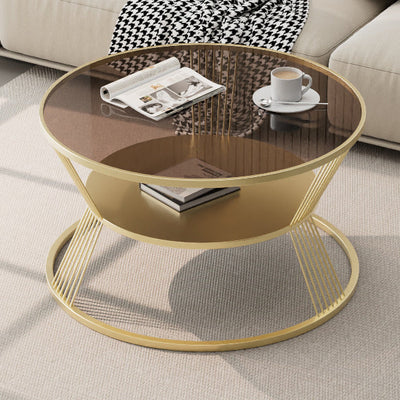 Modern Minimalist Round Hourglass Shape Glass Iron Coffee Table 2-Tier For Living Room