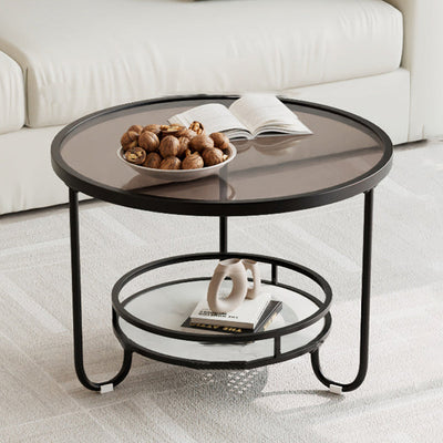 Modern Simplicity Round Striped Glass Slab Metal Coffee Table 2-Tier For Living Room