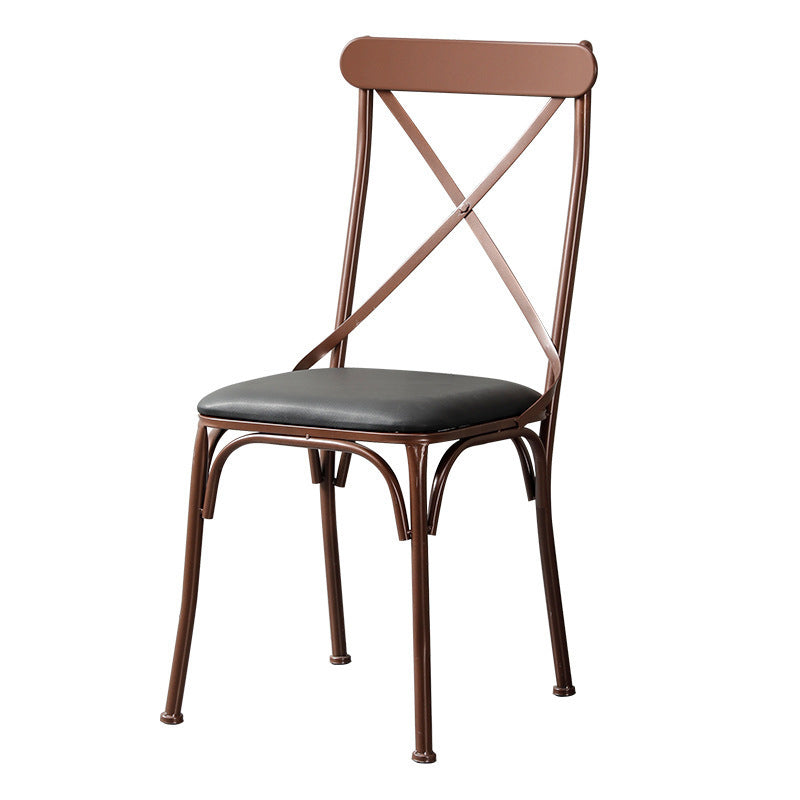 Contemporary Industrial Leather Wood Iron Square X Shape Back Dining Chair & Table Set For Dining Room