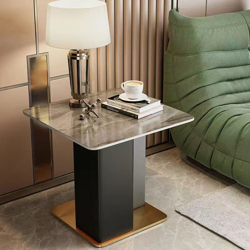 Contemporary Scandinavian Square Column Slate Leather Wood Carbon Steel End Table For Living Room