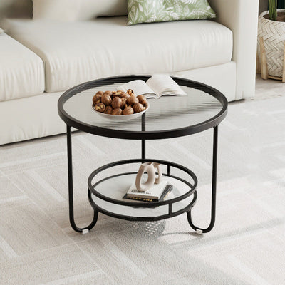 Modern Simplicity Round Striped Glass Slab Metal Coffee Table 2-Tier For Living Room