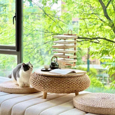 Traditional Japanese Oval Rattan Woven Wooden Coffee Table Storage For Living Room